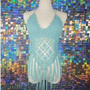Crochet Halter Top Aqua Blue Fringe Festival‎ Rave Beach Cover Up